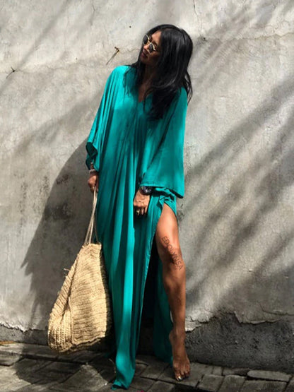 The Solid Color Long Kaftan |  V Neck Bathing Suit Cover up