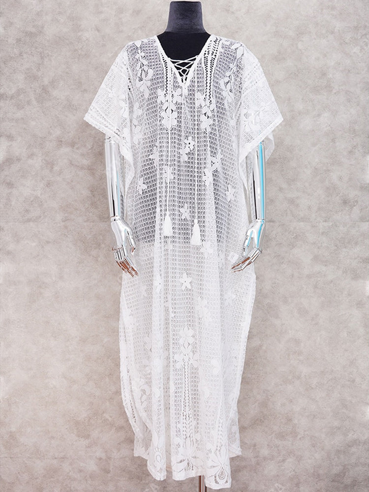 The Long White Kaftan | Embroidered Mesh Kaftan Beach Cover Up