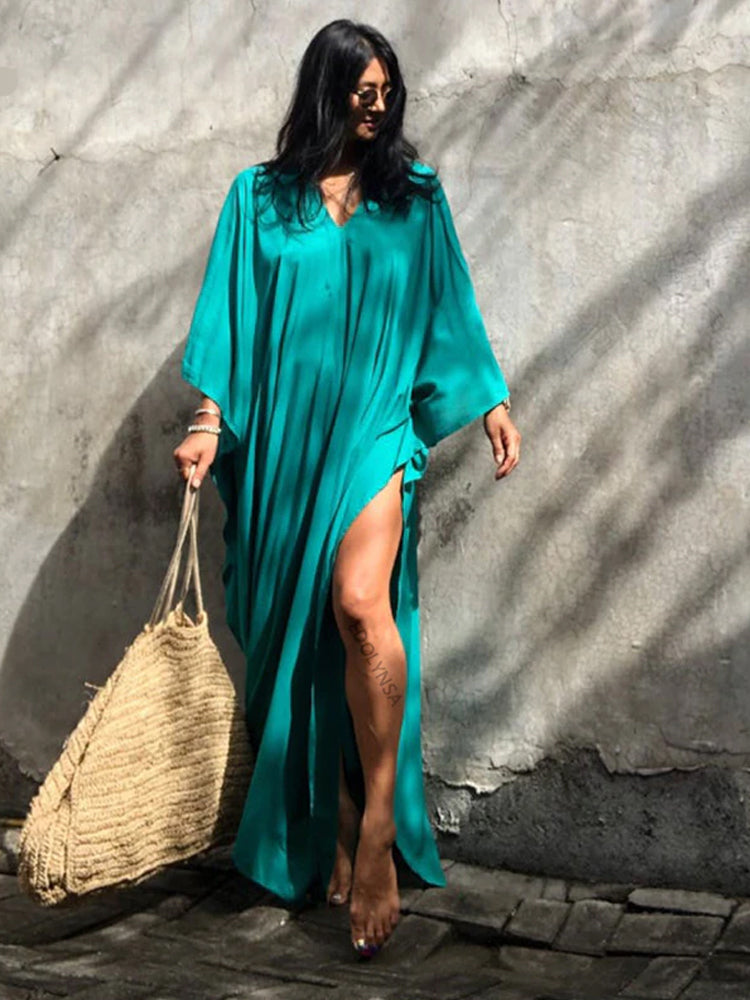 The Solid Color Long Kaftan |  V Neck Bathing Suit Cover up