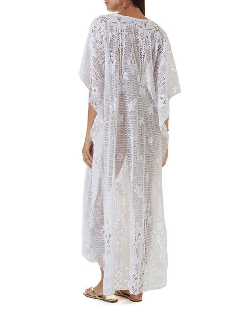 The Long White Kaftan | Embroidered Mesh Kaftan Beach Cover Up