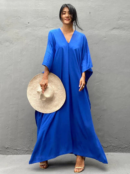 The Solid Color Long Kaftan |  V Neck Bathing Suit Cover up