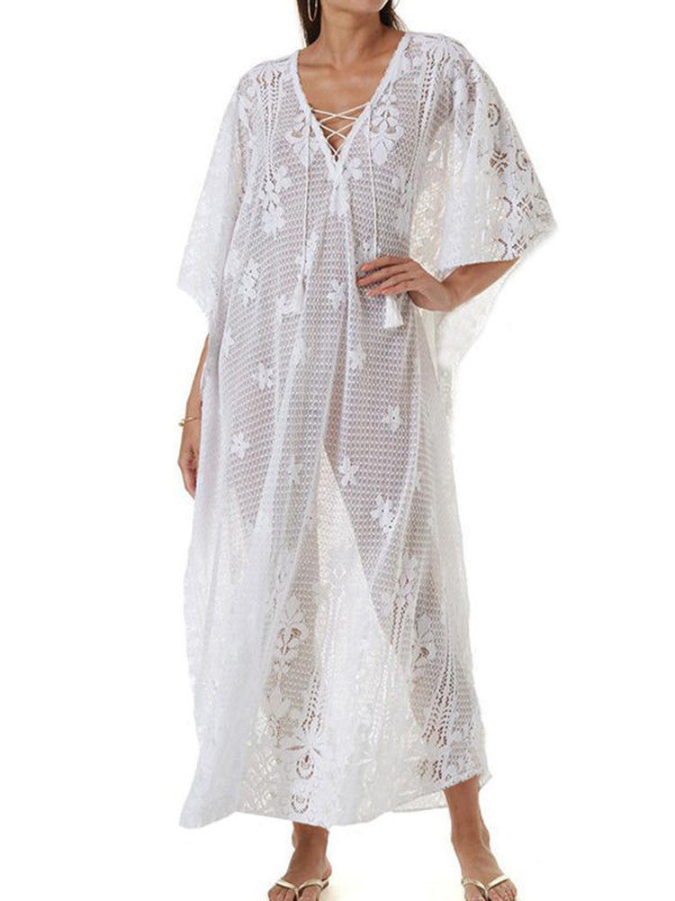 The Long White Kaftan | Embroidered Mesh Kaftan Beach Cover Up