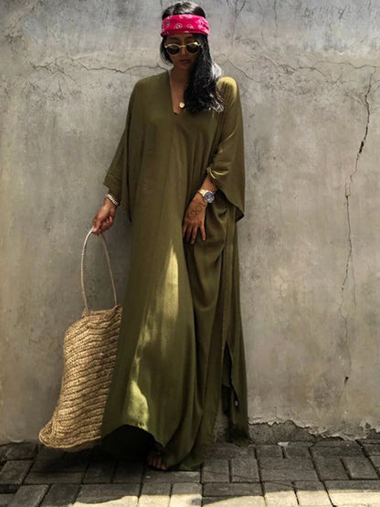 The Solid Color Long Kaftan |  V Neck Bathing Suit Cover up