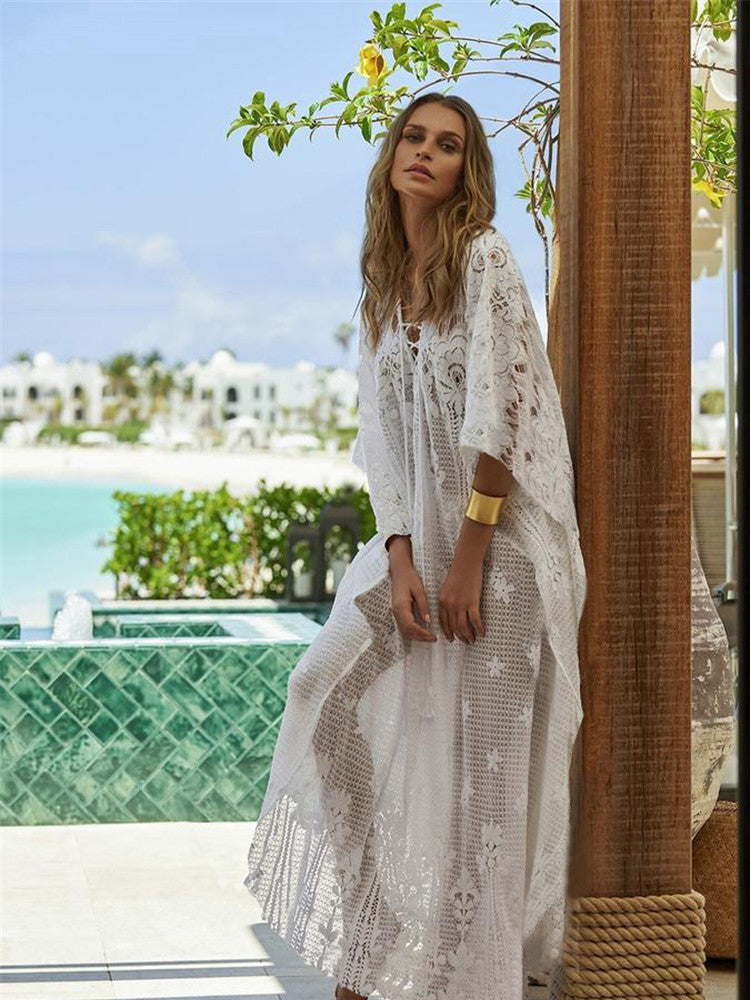 The Long White Kaftan | Embroidered Mesh Kaftan Beach Cover Up