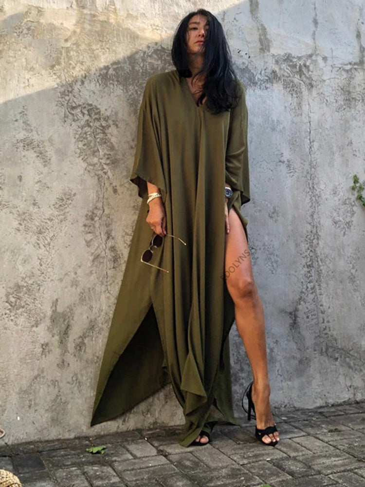 The Solid Color Long Kaftan |  V Neck Bathing Suit Cover up