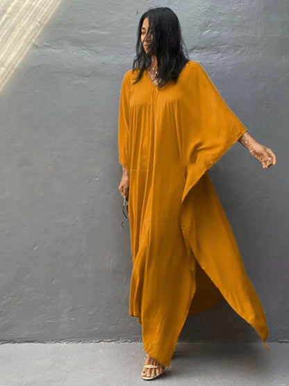 The Solid Color Long Kaftan |  V Neck Bathing Suit Cover up