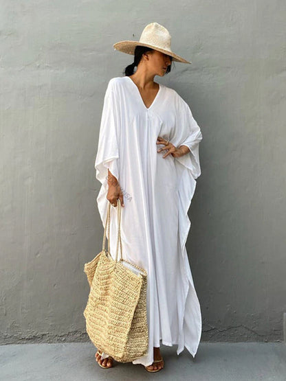 The Solid Color Long Kaftan |  V Neck Bathing Suit Cover up