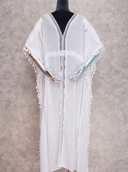 The Long White Kaftan | Embroidered Mesh Kaftan Beach Cover Up