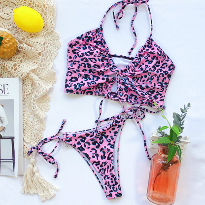 Front String Tie Leopard Print Bikini