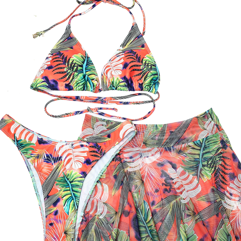 Floral Print Skirt Bottom 3 Piece Bikini Set