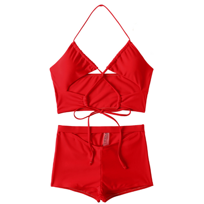 Peek-a-Boo Halter Neck Top With Shorts Swimsuit