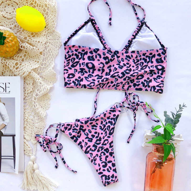 Front String Tie Leopard Print Bikini