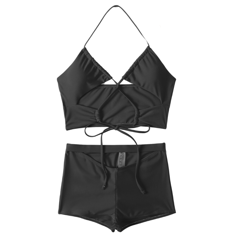 Peek-a-Boo Halter Neck Top With Shorts Swimsuit