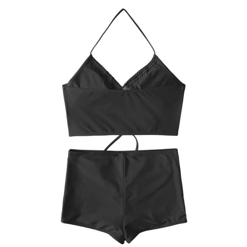 Peek-a-Boo Halter Neck Top With Shorts Swimsuit