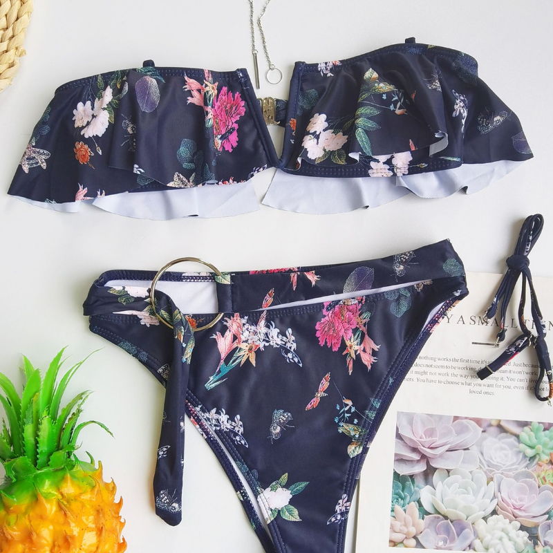 Flounce Floral Print Top Bikini