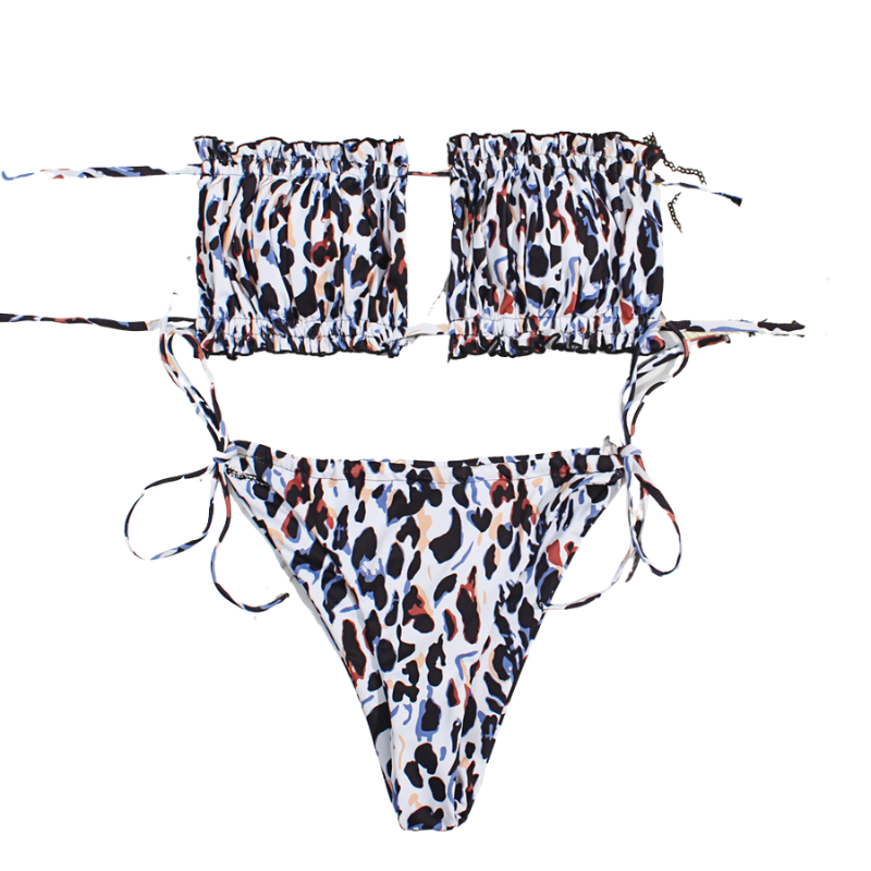 Bandeau Multi-Color Printed Top Side Tie Bottom Bikini