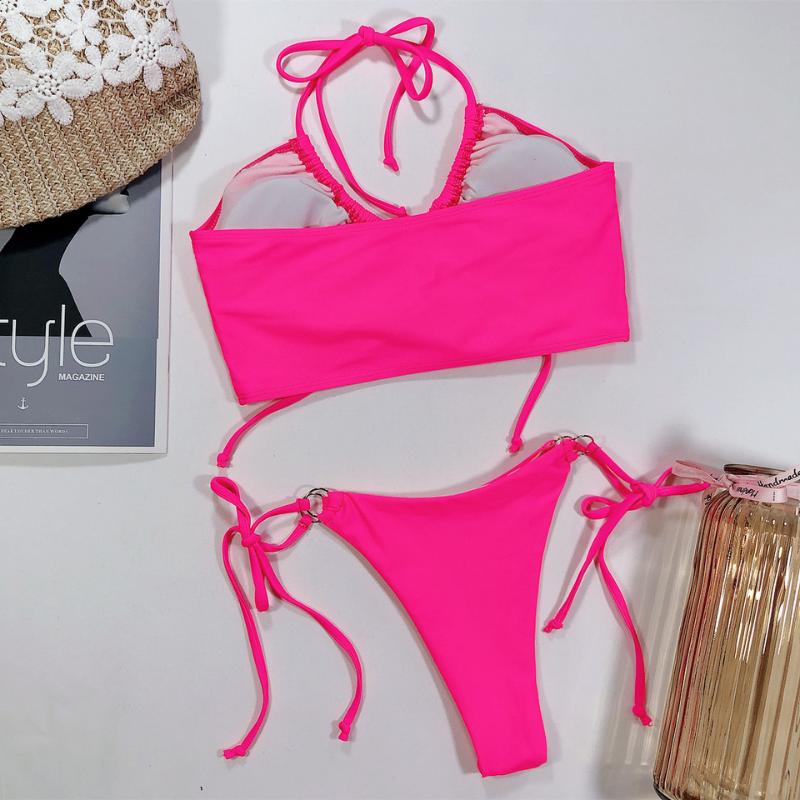 String Front Tie Solid Color Bikini