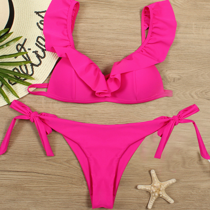 Flounce Strap Side Knot Bottom Bikini