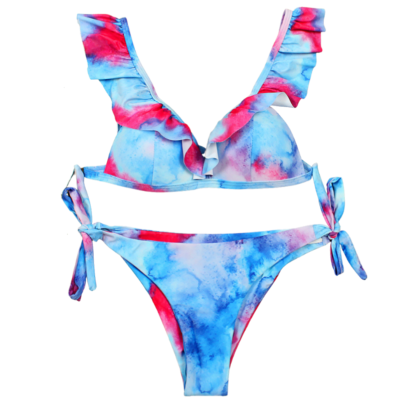 Abstract Print Flounce Strap Side Knot Bottom Bikini