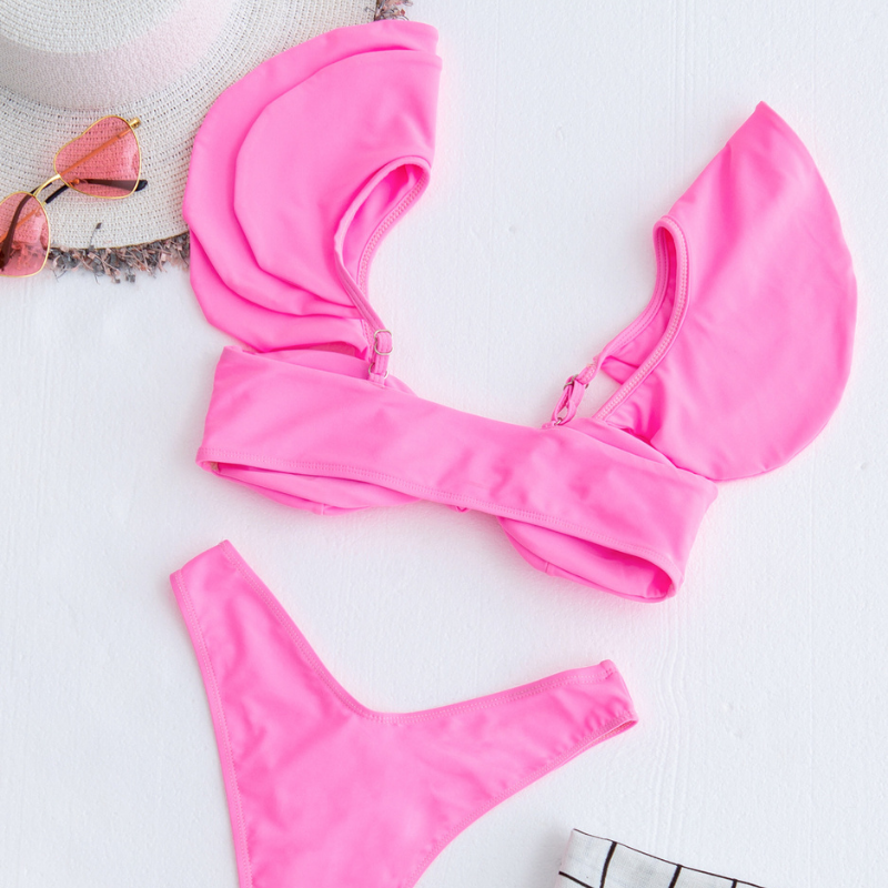 Solid Color Flounce Strap Bikini