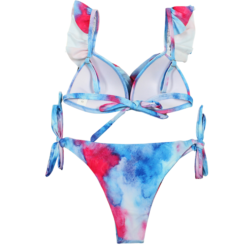 Abstract Print Flounce Strap Side Knot Bottom Bikini