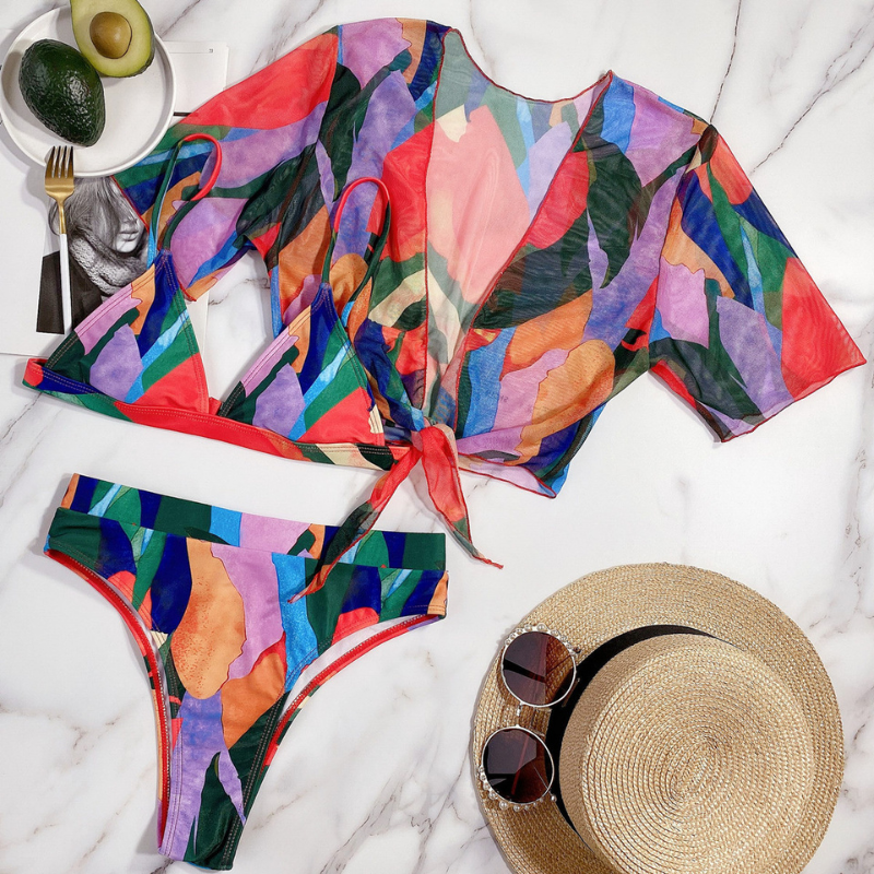 Abstract Print Multi Color With Shrug Bikini