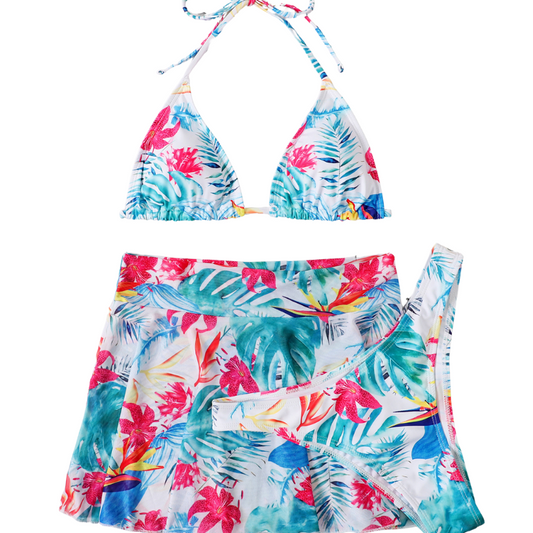 Floral Print Skirt Bottom 3 Piece Bikini Set