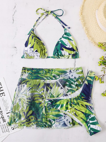 Leaf Print Three Pieces Swimwear