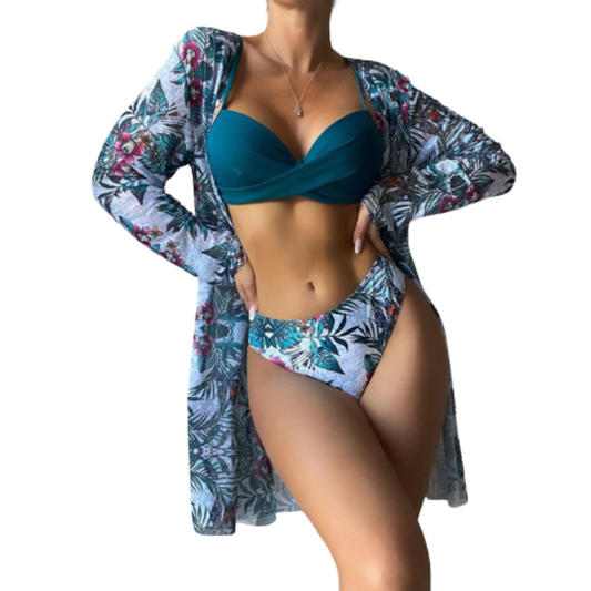 Three Pieces Printed Cover Up Bikini Set For Women