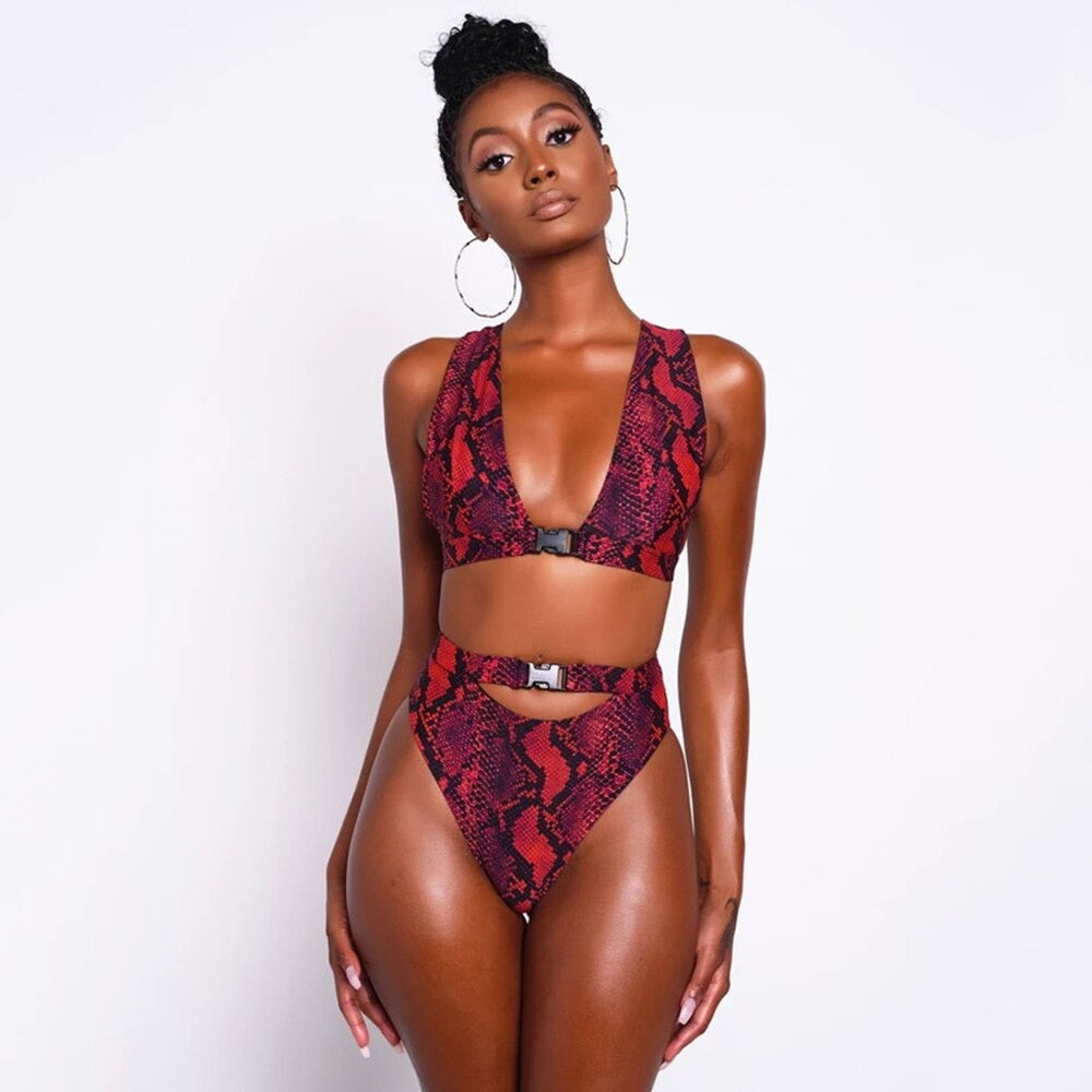 Deep V High Waist Snake Skin Print Bikini Set