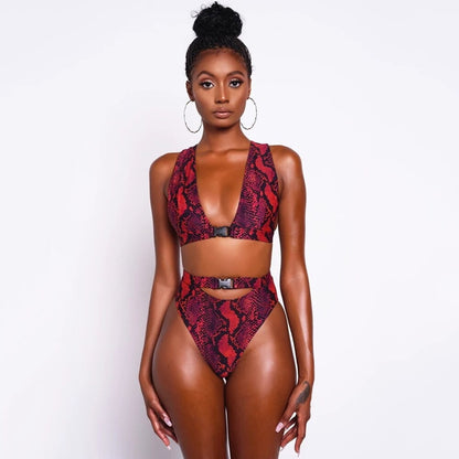 Deep V High Waist Snake Skin Print Bikini Set