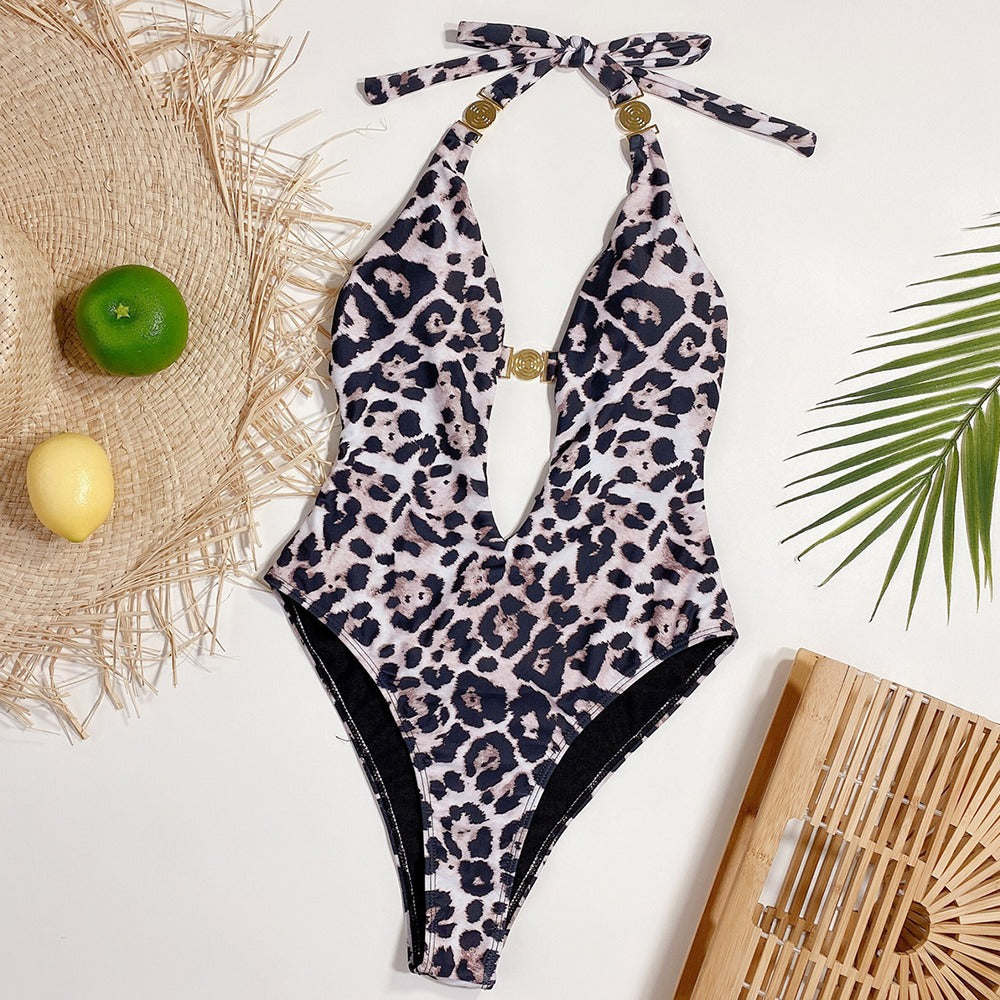 Leopard Print Halter Push Up Swimwear