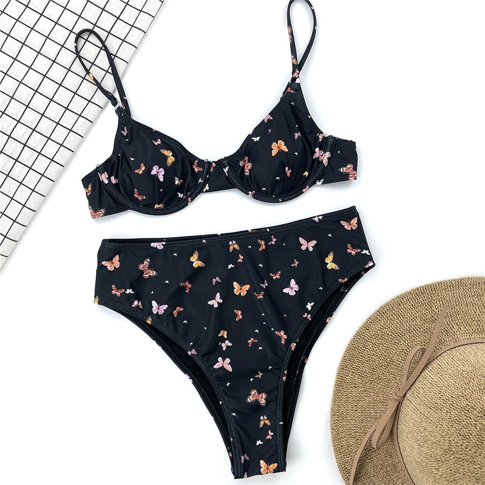 High Waist Butterfly Print Underwire Push Up Bikini Set