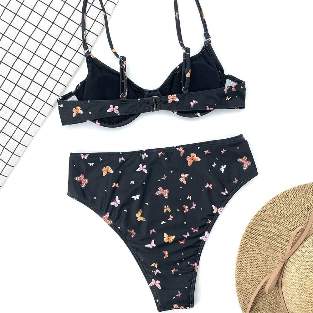 High Waist Butterfly Print Underwire Push Up Bikini Set