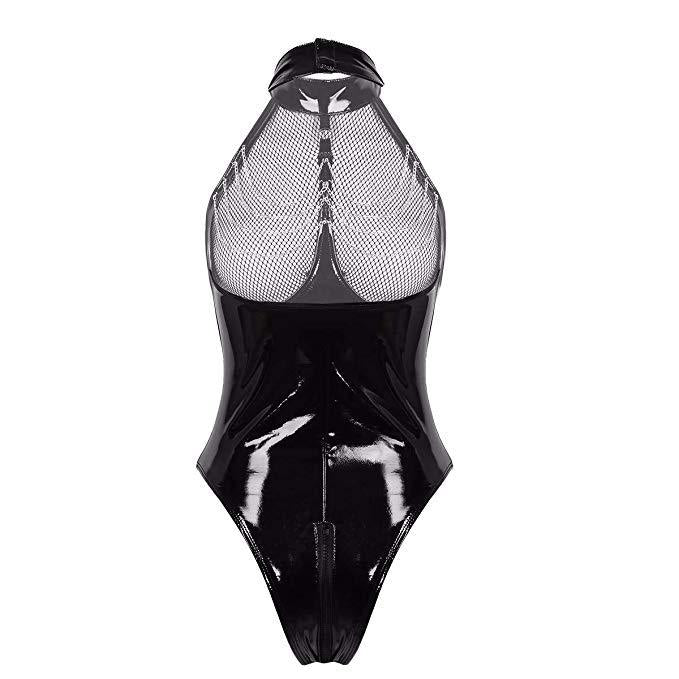 Elegant Underwear Patent Leather Jointed Hollow With Metal Chain