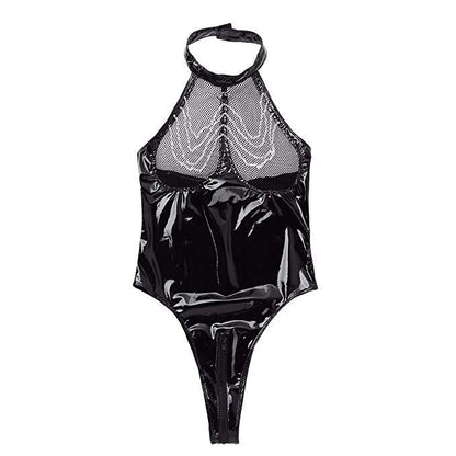 Elegant Underwear Patent Leather Jointed Hollow With Metal Chain