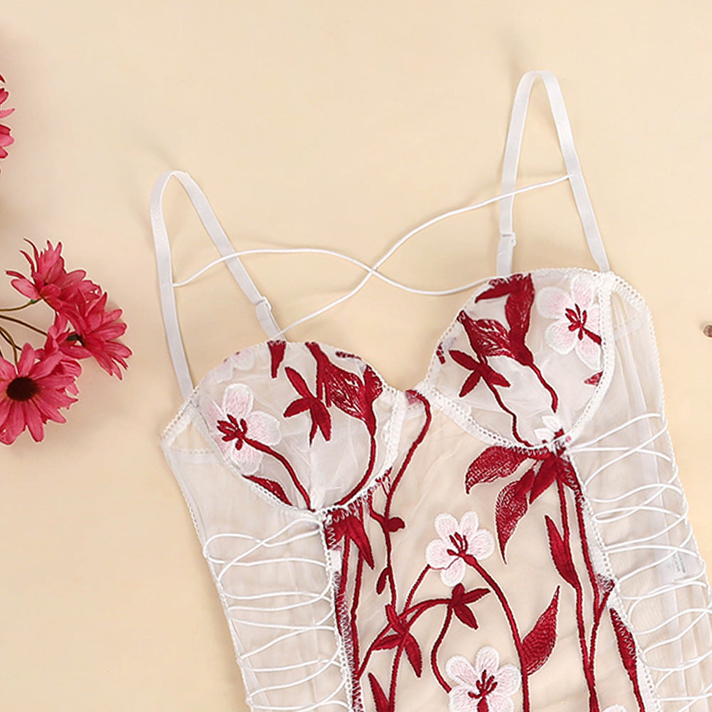 Captivating Bodysuit With Floral Embroidery With Lace