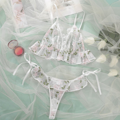 Dainty White Embroidered Flowers Two-Piece Underwear