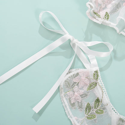 Dainty White Embroidered Flowers Two-Piece Underwear