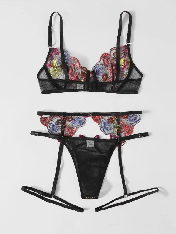 Precious Two-Piece Embroidery Print Hollowed-Out Lingerie