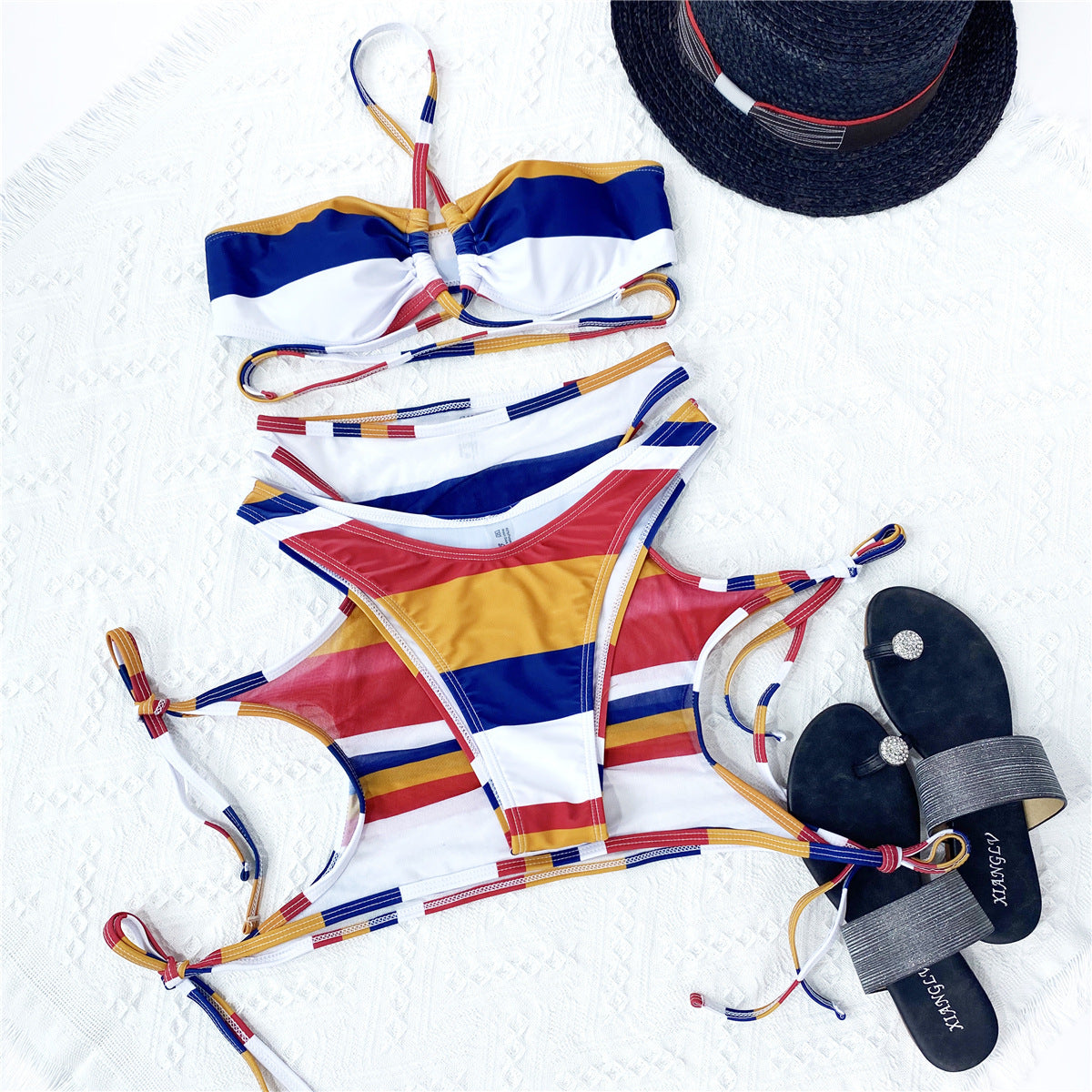 Three-Piece Horizontal Striped Swimsuit