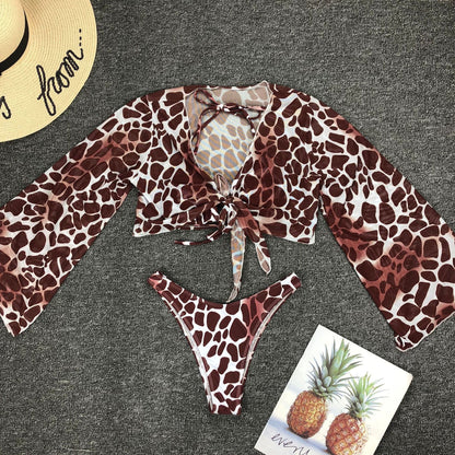 Long Sleeved Leopard 2 Pc Swimsuit