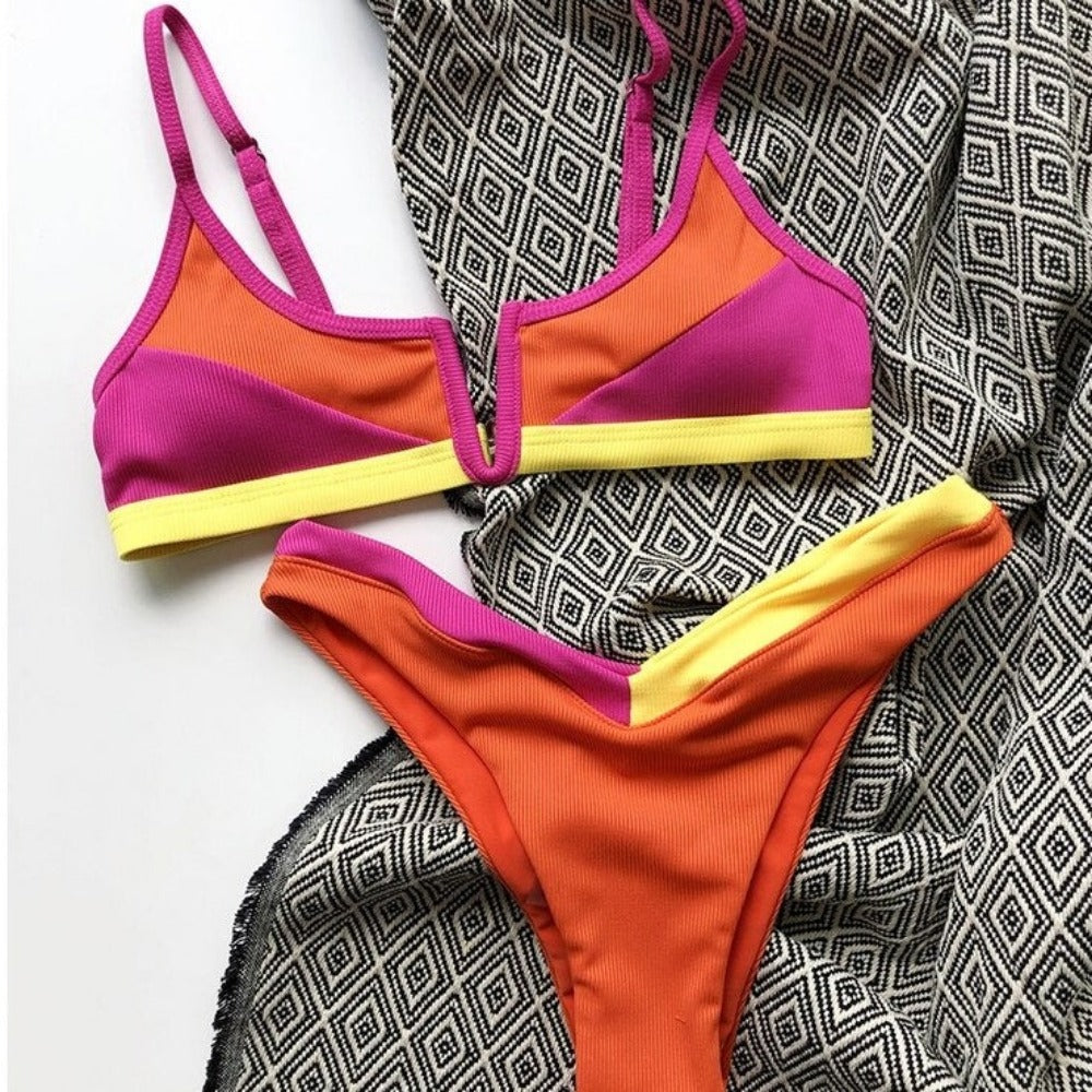 V Neck Patchwork Bikini