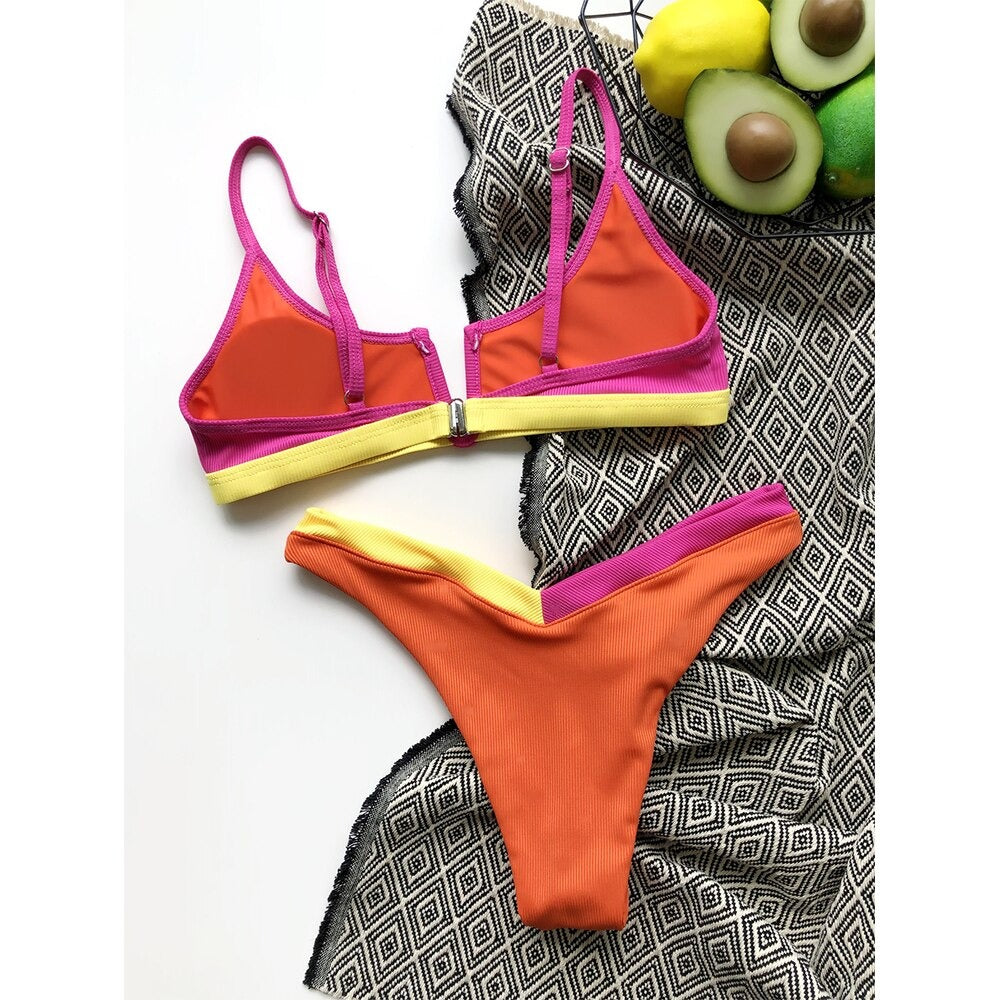 V Neck Patchwork Bikini