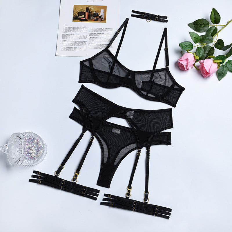 Mesh Three-Piece Underwear Set | 3 Piece Garter Lingerie Set