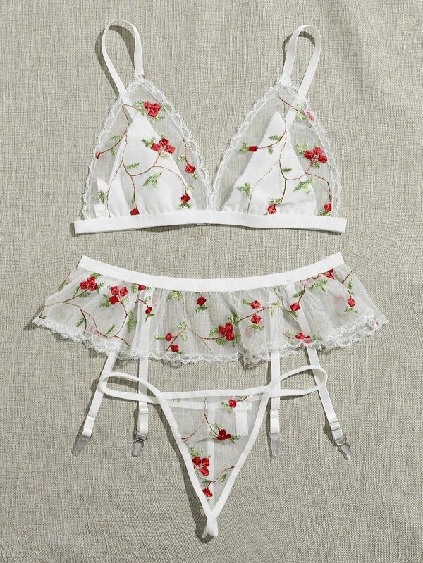 Dainty Red Embroidered Flowers Two-Piece Underwear