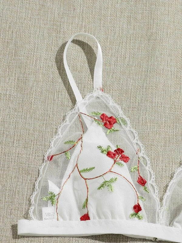 Dainty Red Embroidered Flowers Two-Piece Underwear