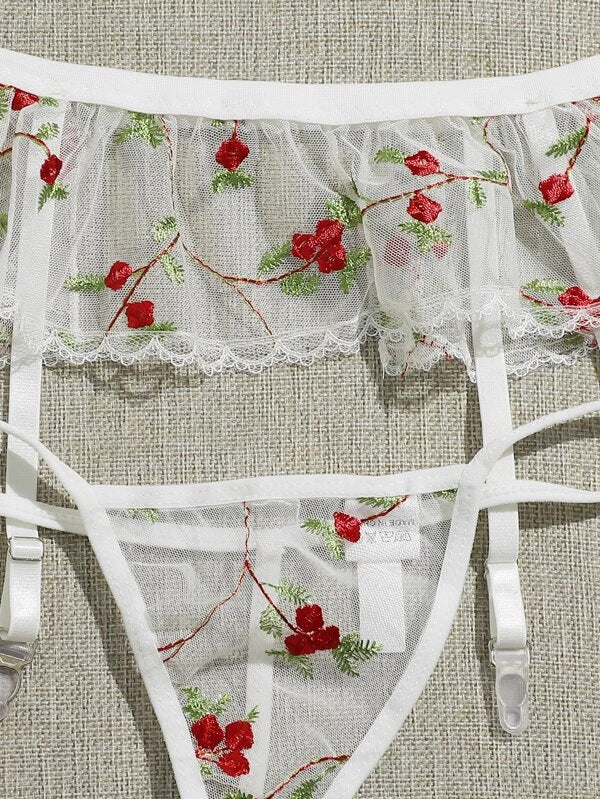 Dainty Red Embroidered Flowers Two-Piece Underwear