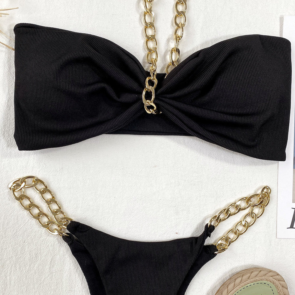 Split Swimsuit Solid Color Sexy Chain Bikini