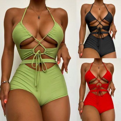 Peek-a-Boo Halter Neck Top With Shorts Swimsuit